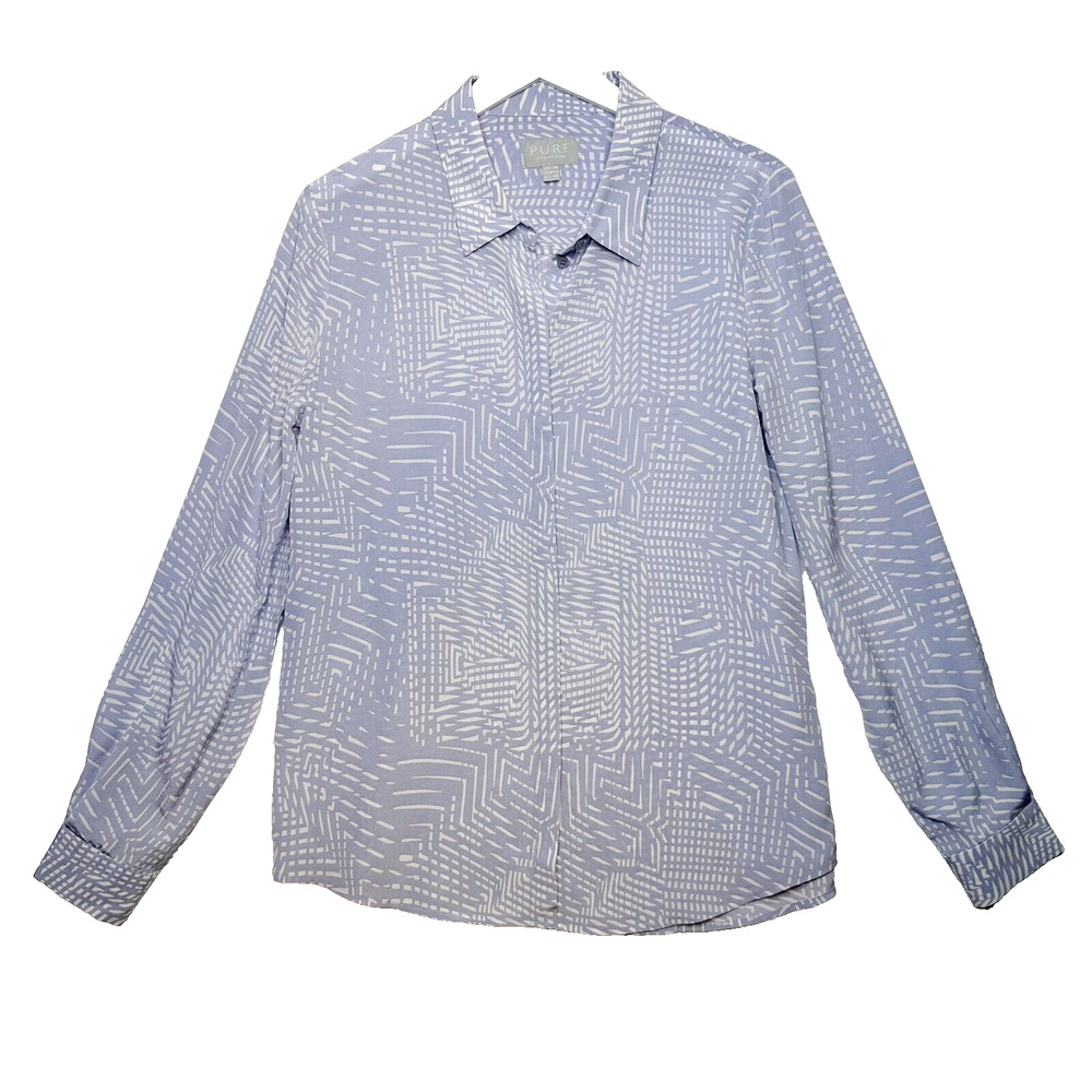 PURE Collection 100% Silk Button Front Top Geometric Print Blouse Blue Sz M 8 10